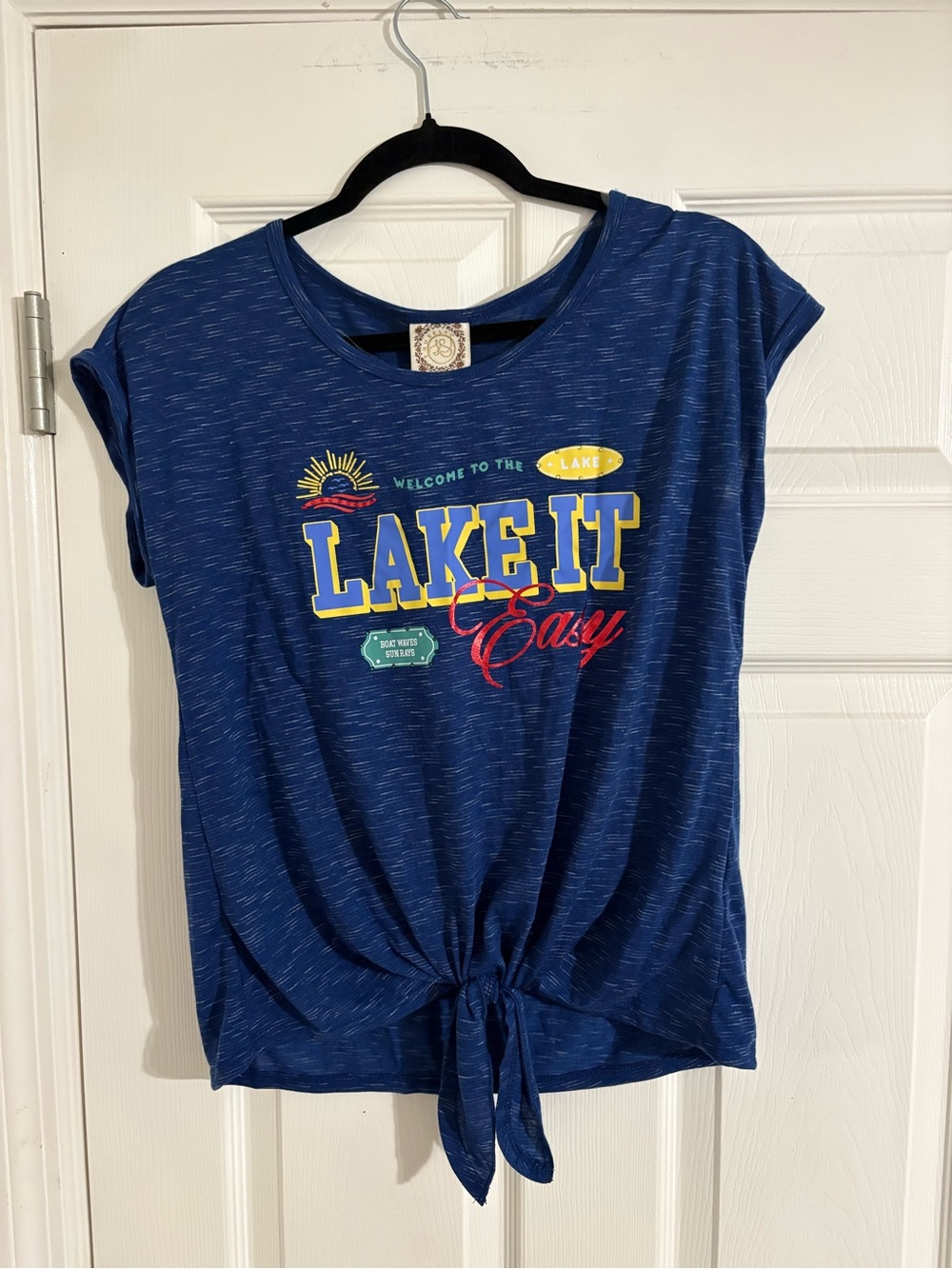 Truself Navy Blue Short-Sleeve Tie-Front Graphic Tee - Lake It Easy